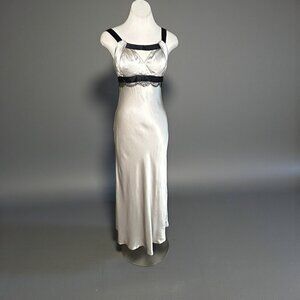 Dina Bar-El Champagne 100% Silk Satin Slip Maxi Formal Dress Black Trim